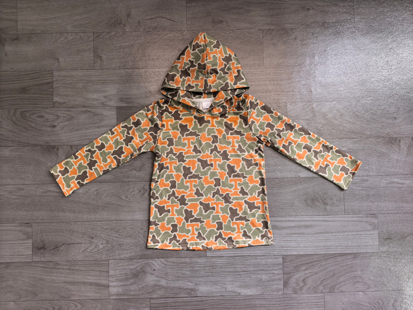 NO MOQ preorder BT1856 GO TEAM T Orange Green Camo Hooded Long Sleeve Boys Top 202607
