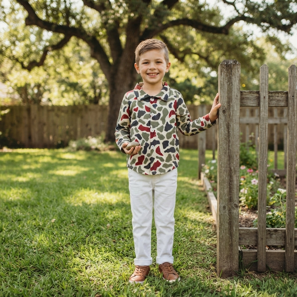 BT1875 Christmas Camo Buttons Kids Boys Shirt