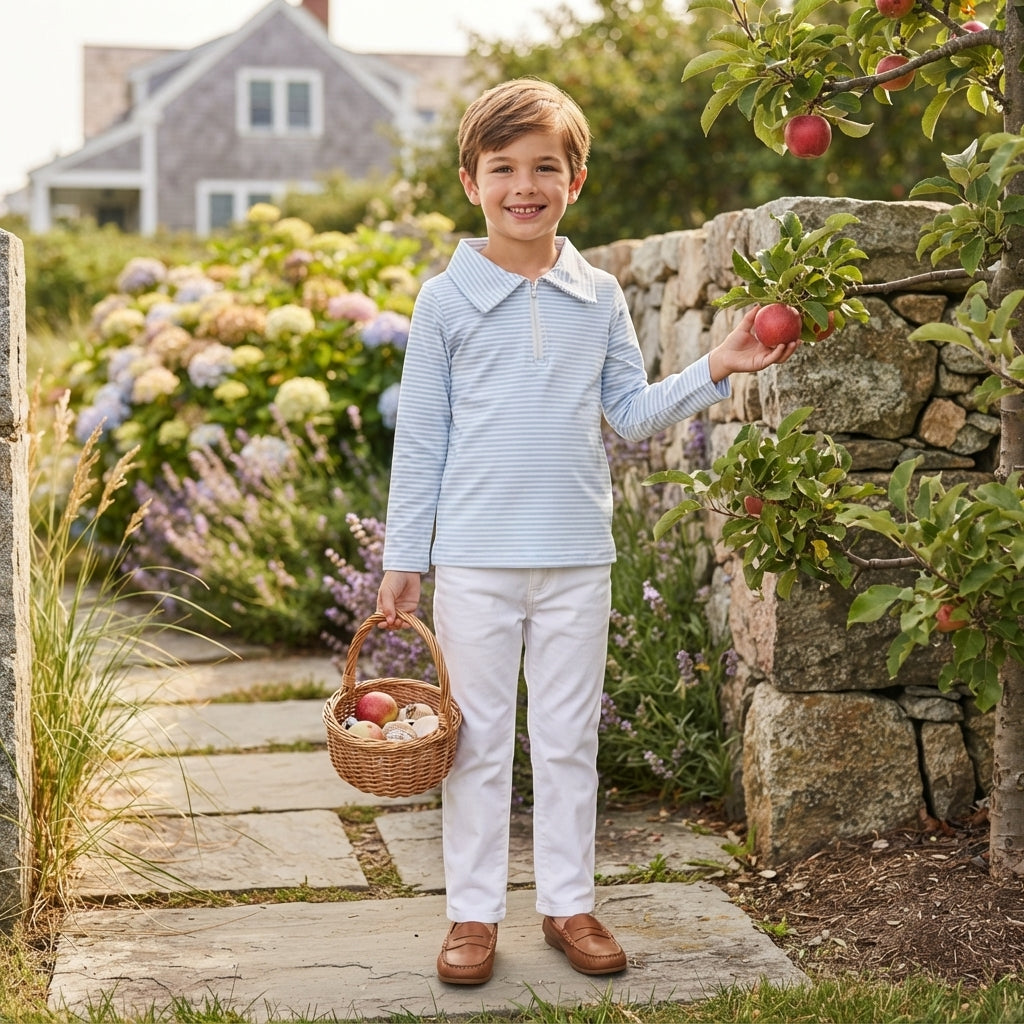 BT1878 Light Blue Stripe Zipper Kids Boys Pullover Shirt