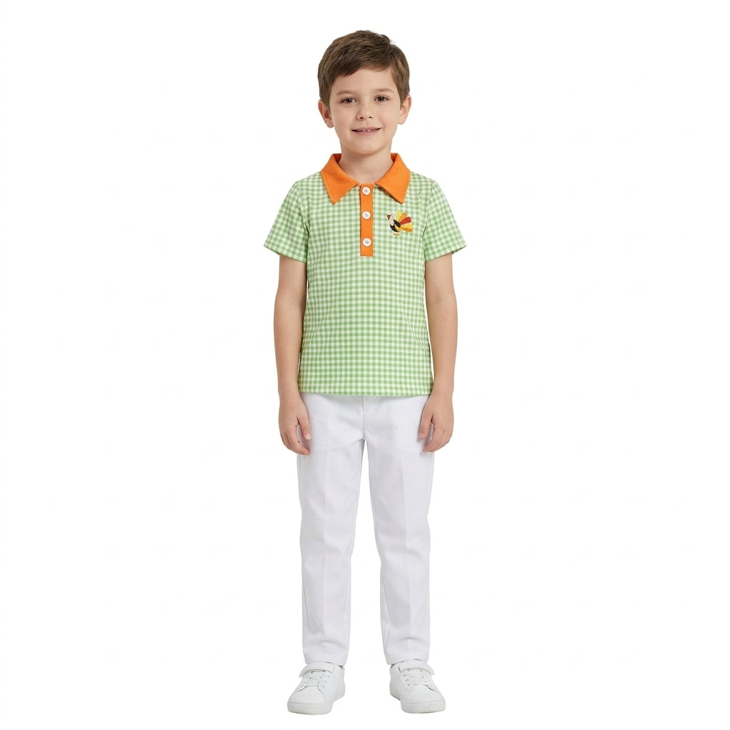 BT1889 Embroidery Thanksgiving Day Turkey Plaid Kids Boys Polo Shirt