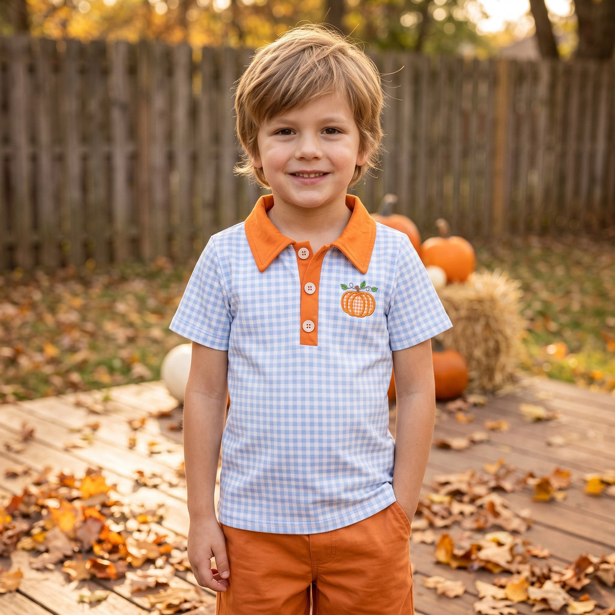 BT1891 Embroidery Fall Pumpkin Plaid Kids Boys Polo Shirt 202609 RTS