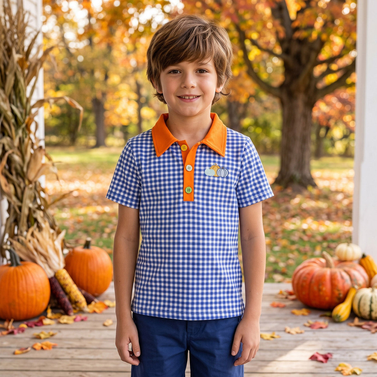 BT1892 Embroidery Pumpkin Plaid Kids Boys Polo Shirt 202609 RTS