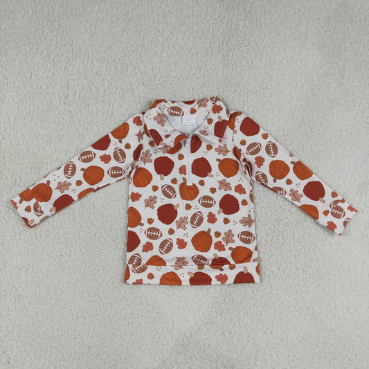 BT1894 Fall Pumpkin Football Leaves Print Zipper Pullovers Kids Boys Shirt Top