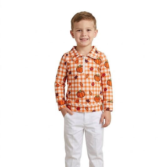 BT1895 Fall Pumpkin Plaid Print Zipper Pullovers Kids Boys Shirt Top 202609 RTS