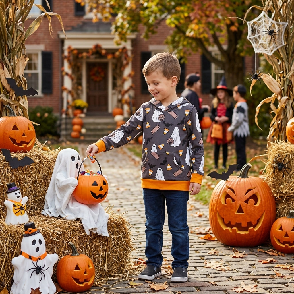 BT1843 Halloween Candy Bats Kids Boys Hoodie Pullover 202609 RTS