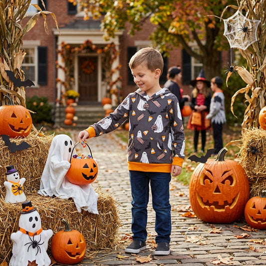 BT1843 Halloween Candy Bats Kids Boys Hoodie Pullover 202609 RTS