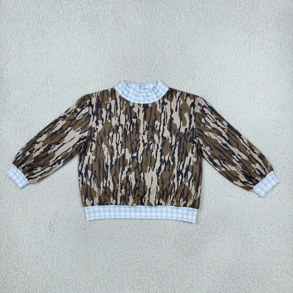 BT1910 Hunting Camo Blue Plaid Mockneck Kids Boys Shirt Top