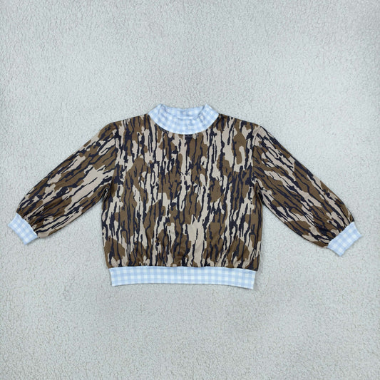 BT1910 Hunting Camo Blue Plaid Mockneck Kids Boys Shirt Top