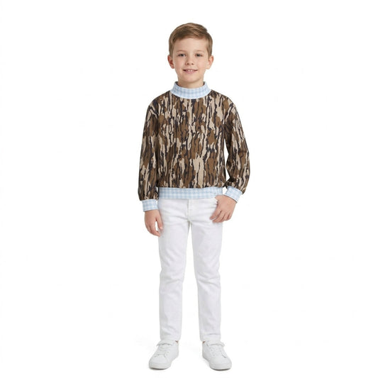 BT1910 Hunting Camo Blue Plaid Mockneck Kids Boys Shirt Top