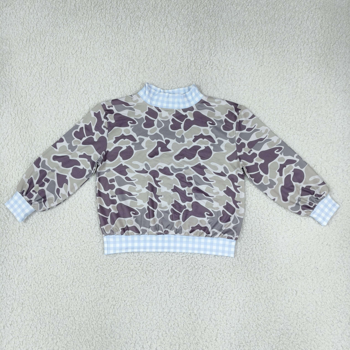 BT1922 Hunting Camo Blue Plaid Mockneck Kids Boys Shirt Top