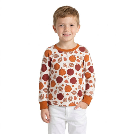 BT1928 Fall Pumpkin Leaf Rugby Print Kids Boys Shirt Top 202609 RTS
