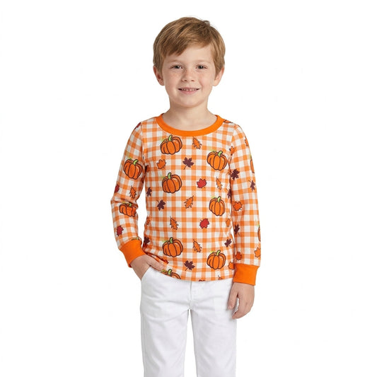 BT1929 Fall Pumpkin Plaid Print Kids Boys Shirt Top 202609 RTS