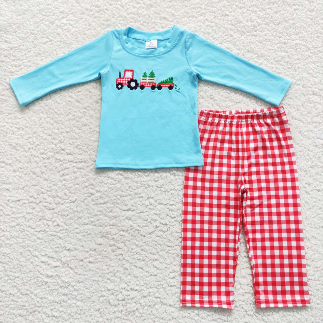 BLP0248  Christmas Blue Red Tree  Embroidery Boys Long Sleeve Pants Outfits