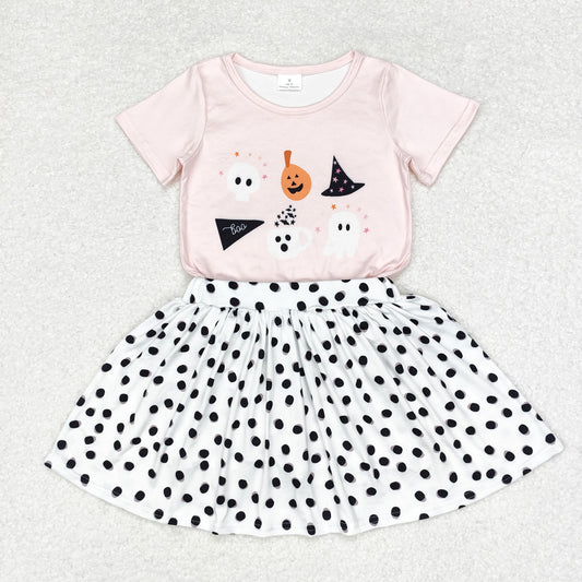 GSD1407 Halloween Ghost Pumpkin pink short sleeve black polka dots white skirt suit