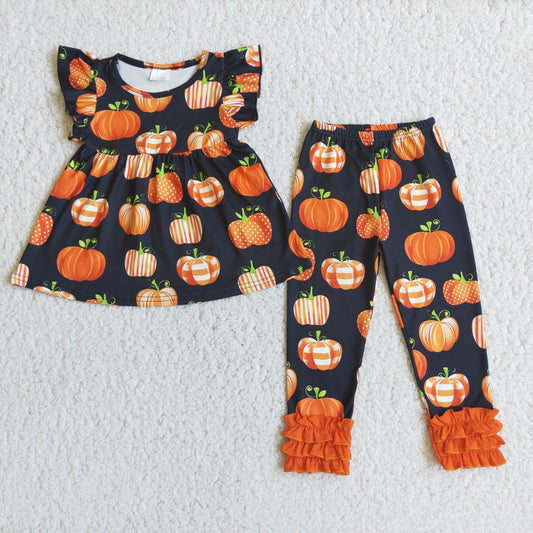 Clearance C10-21 Pumpkin Print Flutter Sleeve Fall Kids Casual Outfits