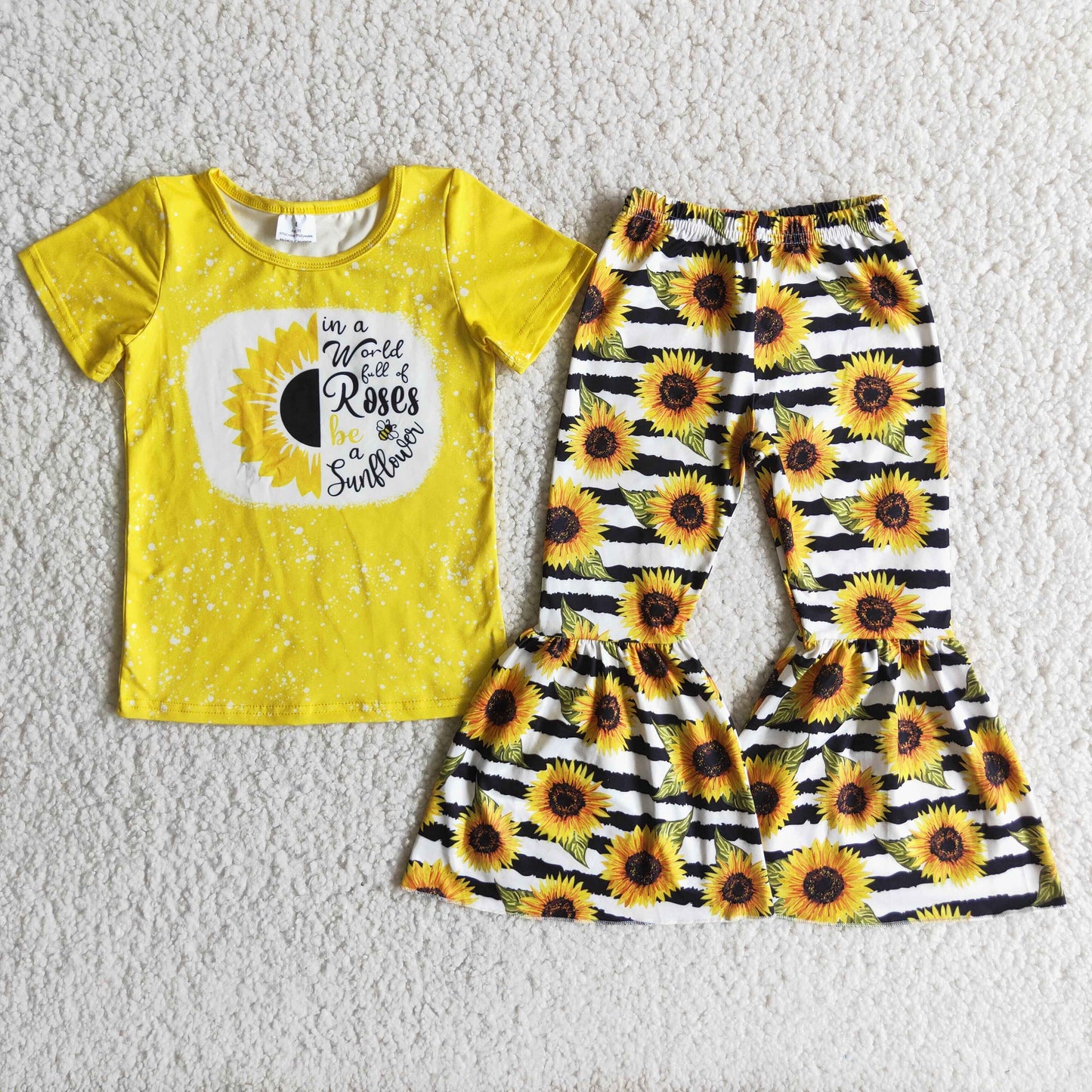 Clearance C12-12 RST Yellow Sunflower short sleeve sunflower striped flare trouser suit