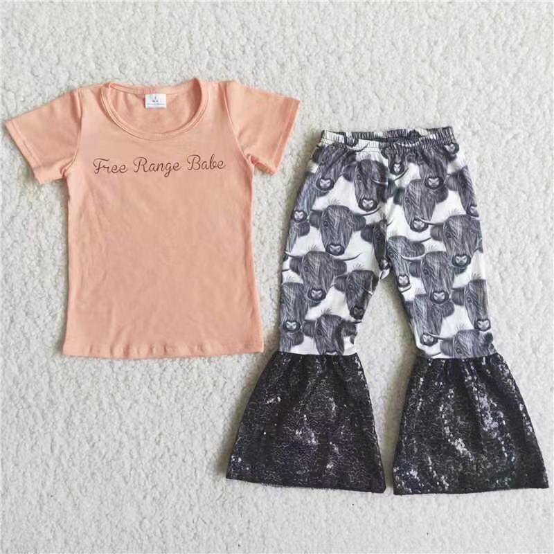 Clearance C13-5 NO MOQ letter short sleeve bull flare pants