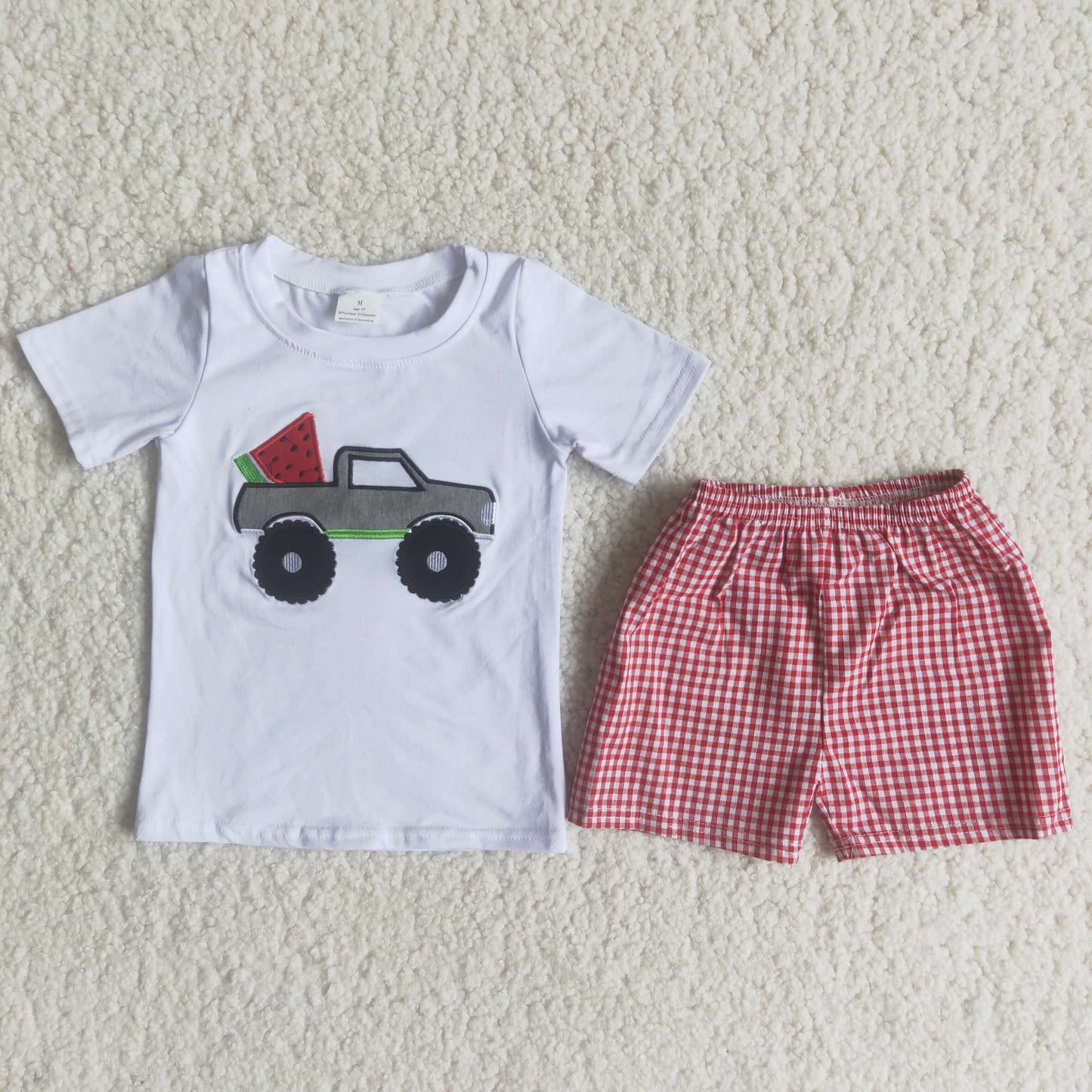 Clearance C15-3 Boy watermelon truck red plaid woven set