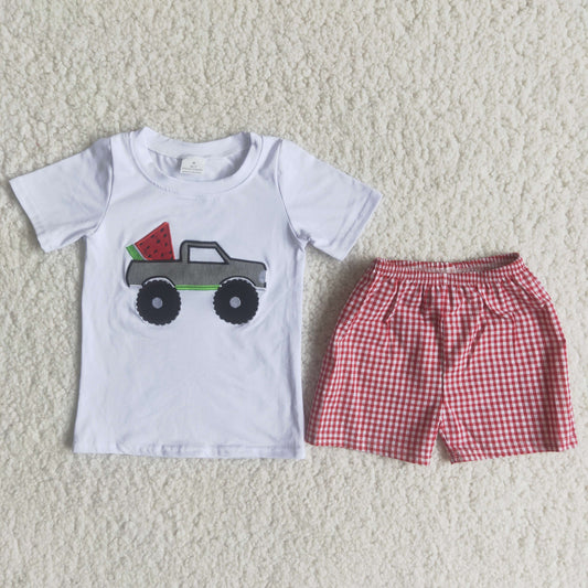 Clearance C15-3 Boy watermelon truck red plaid woven set