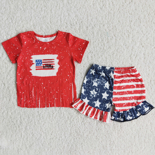Promotion RTS D16-2 4th of July Flag Red Girls Short Sleeve Shorts Outfits