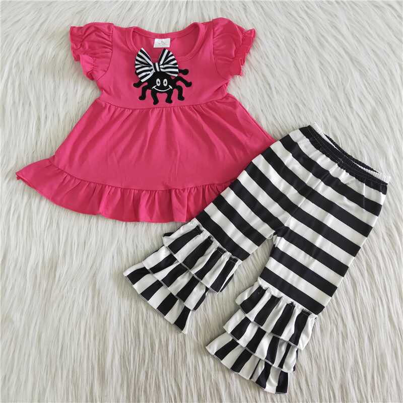 Promotion RTS C2-8-1 Pink Black Stripes Spider Embroidery Tunic Girls Short Sleeve Bell Bottom Pants Outfits