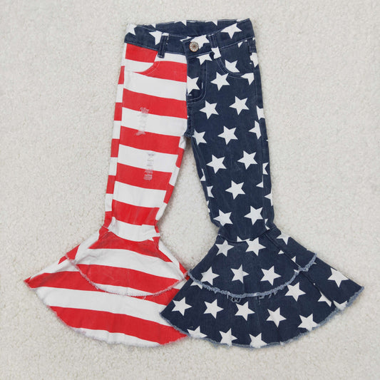 C3-14 New 4th Of July Red Stripes Blue Starts Girls Double Ruffles Denim Jeans 202504 RTS