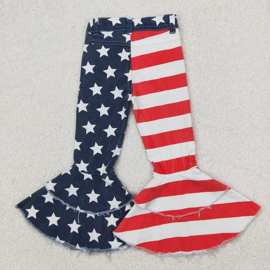 C3-14 New 4th Of July Red Stripes Blue Starts Girls Double Ruffles Denim Jeans 202504 RTS