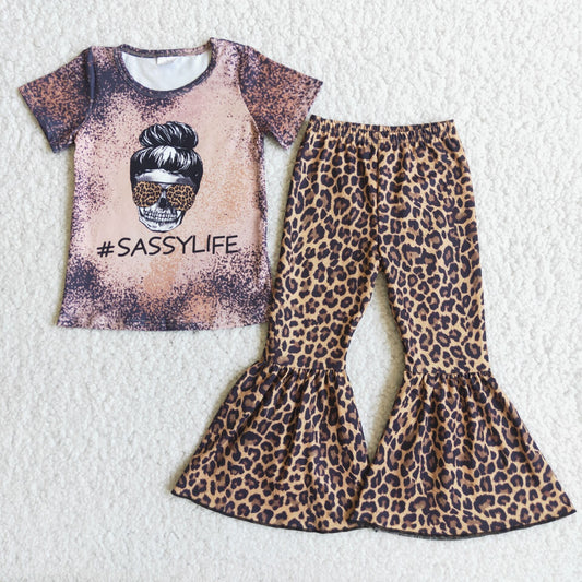 Clearance C3-22 SASSYLIFE letter short sleeve leopard print flare pants