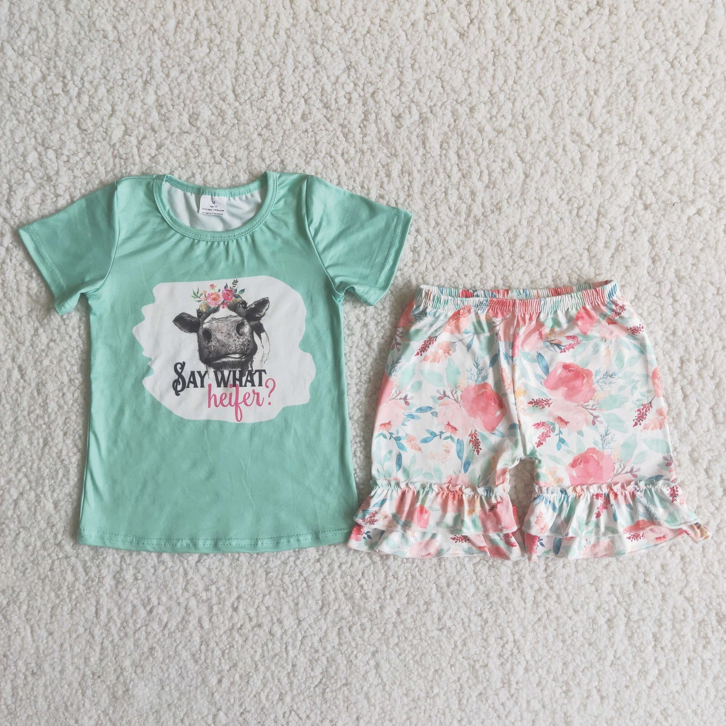 Clearance C4-16 SAY WHAT green short sleeve flower shorts set High quality