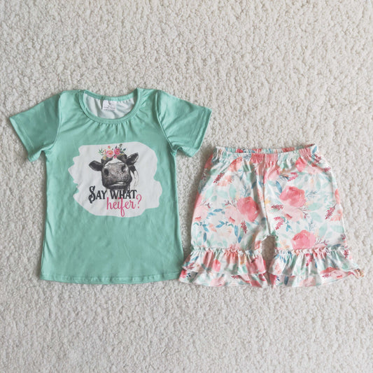 Clearance C4-16 SAY WHAT green short sleeve flower shorts set High quality