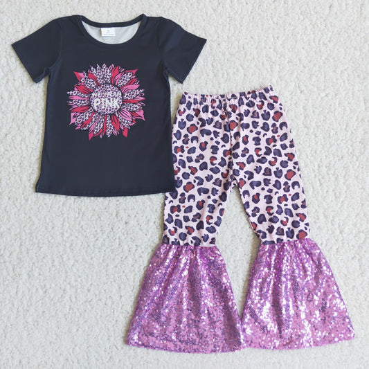 Clearance C4-21 Sunflower black short sleeve purple leopard sequin flare pants