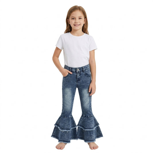 C5-15 Vintage Blue Denim jeans Double Ruffles Girls Jeans