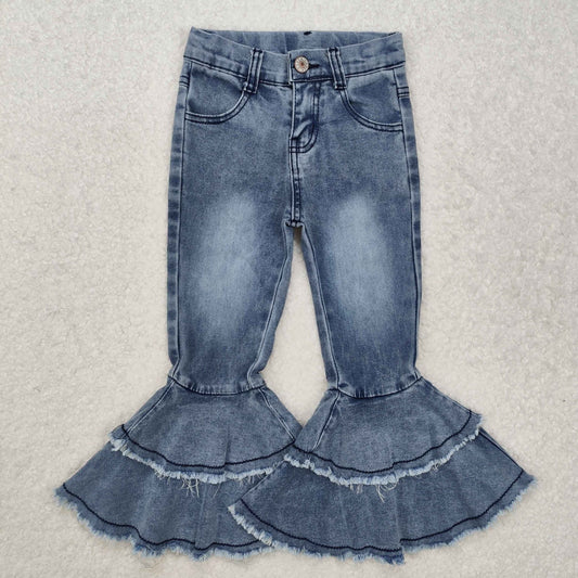 C5-15  Vintage Blue Pale Denim jeans Double Ruffles Girls Boutique Jeans 202501