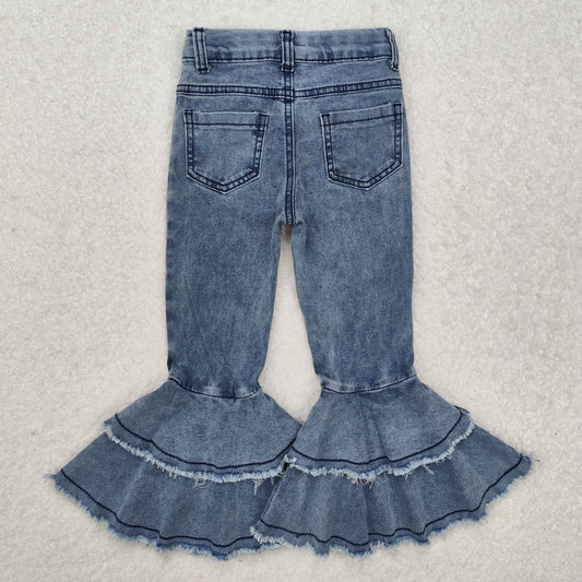 C5-15  Vintage Blue Pale Denim jeans Double Ruffles Girls Boutique Jeans 202501