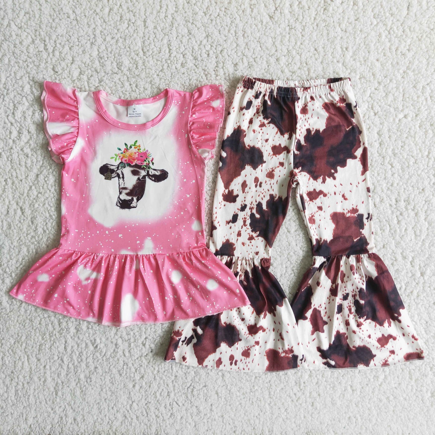 Clearance C8-13 NO MOQ high quality bull head pink short sleeve top ink pattern flare pants set