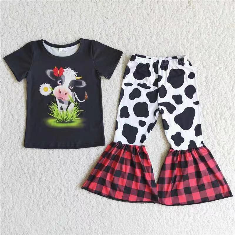 Clearance C8-16 NO MOQ Cow Grass Black Short sleeve cow print flared trouser suit