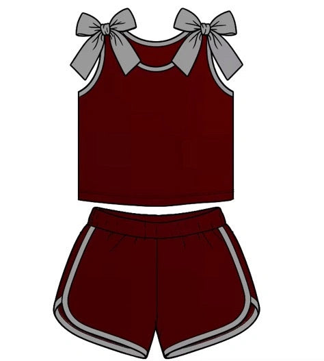 CUSTOM MOQ 5 PCS Preorder GO TEAM Bows Gray Dark Red Sleeveless Shorts Girls Sets 202608
