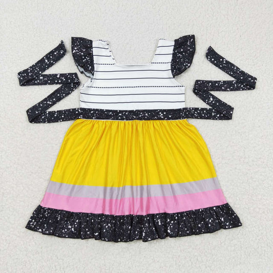 GSD0409 Yellow Black Belt Girls Short Sleeve Dresses