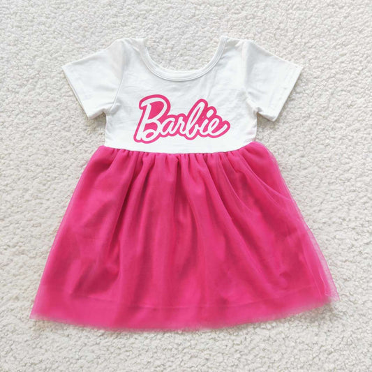 GSD0461 Pink B Cartoon Tulle Tutu Girls Short Sleeve Dresses