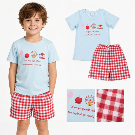 BSSO1482 Letter Ferris wheel Blue Short Sleeve Top Red Plaid Shorts Boys Sets 202603 RTS