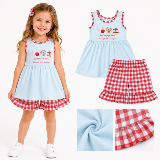 GSSO2544 Letter Ferris wheel Blue Sleeveless Top Red Plaid Shorts Girls Sets 202603 RTS