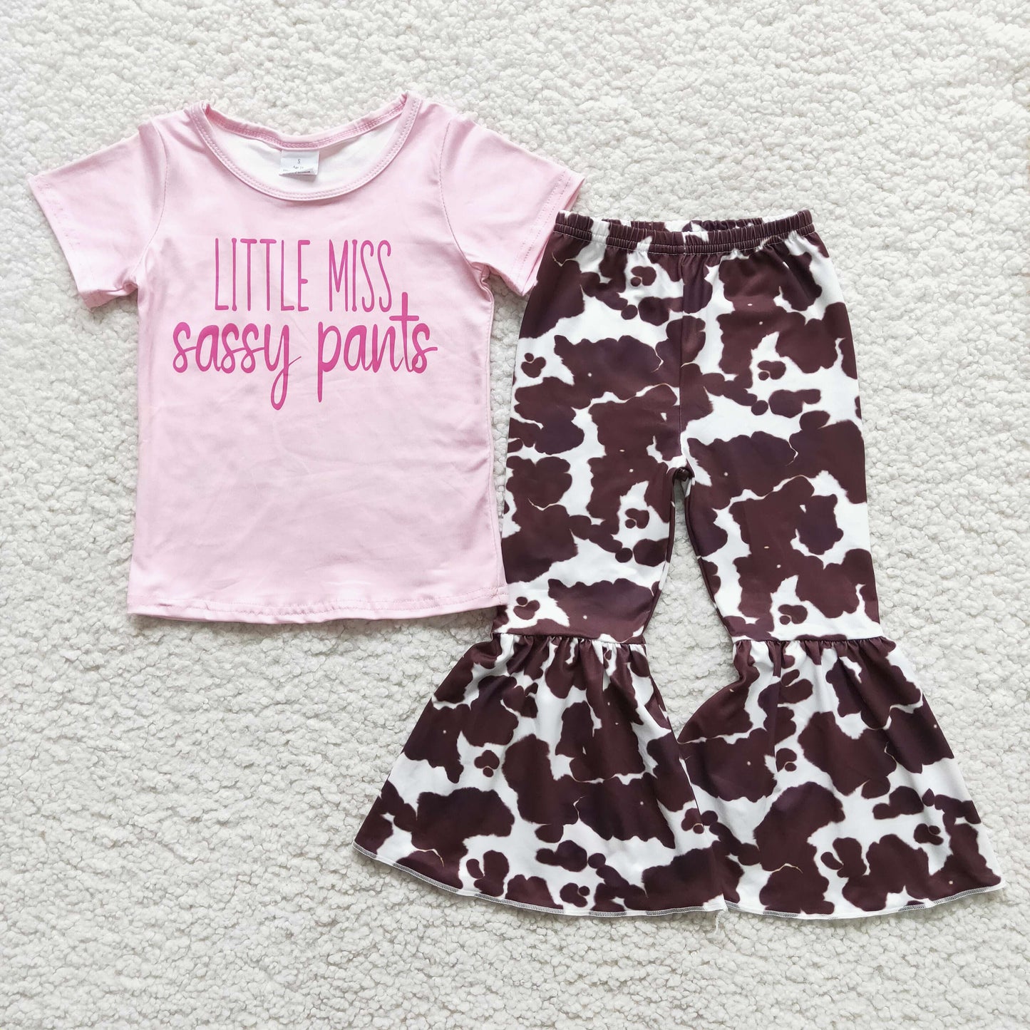 Clearance D10-1 NO MOQ pink letter short sleeve cow-print bell bottoms