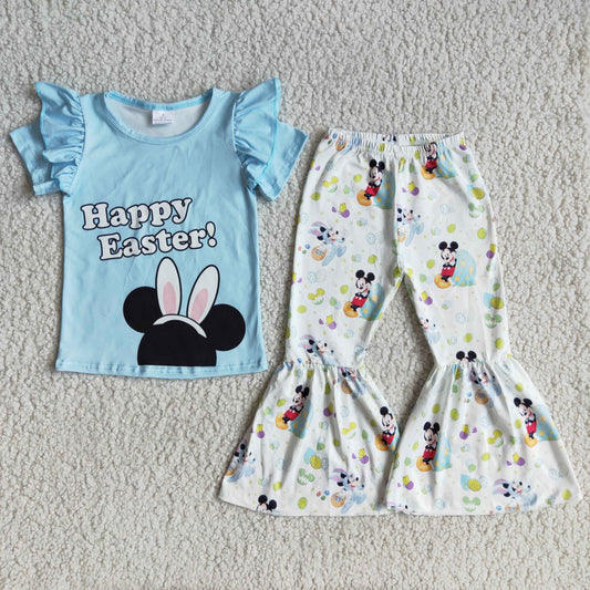 Promotion RTS D10-20 Happy Easter Cartoon Blue Short Sleeve Bell Bottom Pants Girls Sets