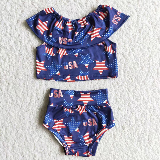 Promotion RTS D10-5 4th Of July USA Star Blue Ruffle Girls Short Sleeve Bummies Outfits