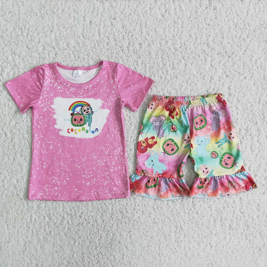 promotion RTS D11-17 Cartoon Cocomelon Pink Girls Short Sleeve Shorts Outfits