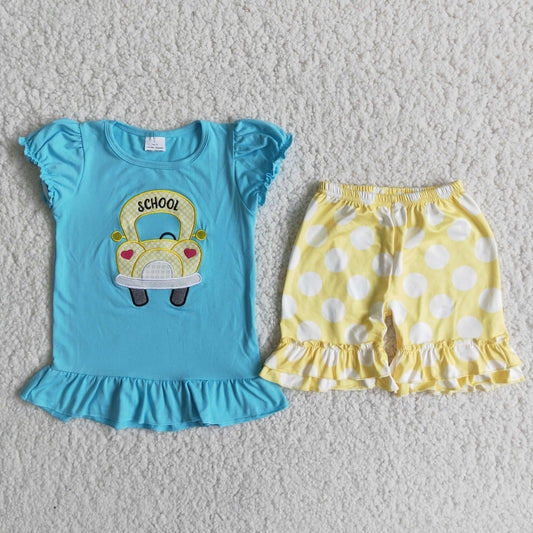 Clearance D12-26 Blue embroidered school bus yellow polka dot set