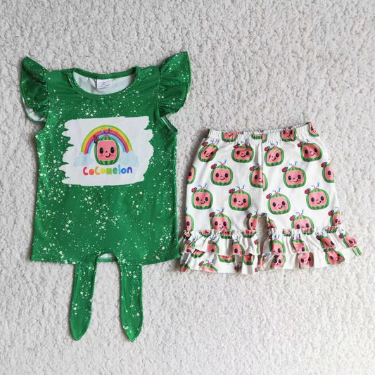 Promotion RTS D12-4 cocomelon green flying sleeve shorts girl set