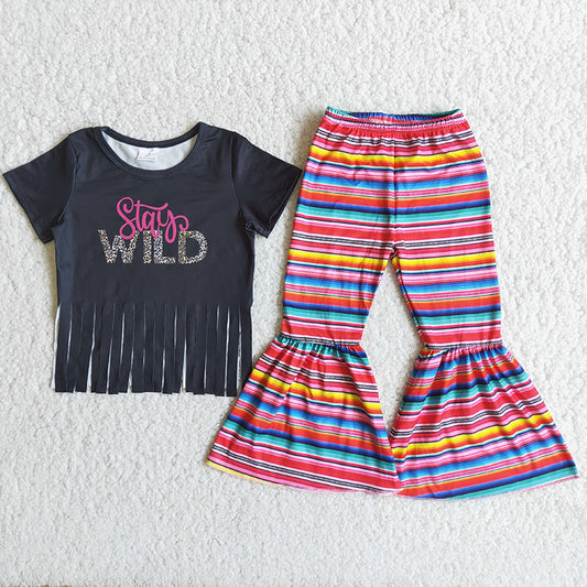 Clearance D13-2 NO MOQ black fringe letter short sleeve colorful striped pants