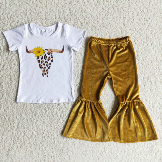 Promotion RTS D2-11 Heifer Highland Cow Sunflower Yellow Leoaprd Velvet Girls Short Sleeve Bell Bottom Pants Outfits