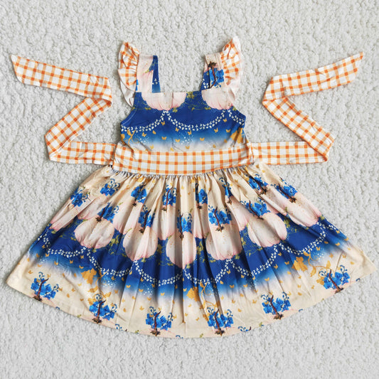 Promotion RTS D2-17 Orange Plaid Girls Short Sleeve Dresses
